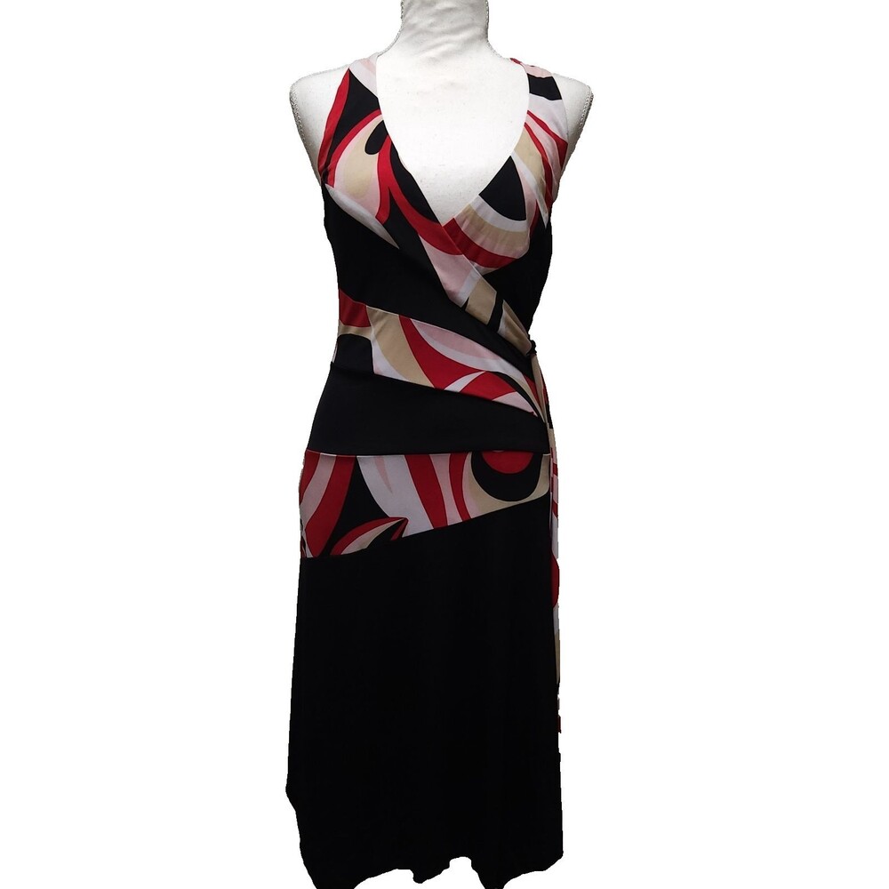 Vintage Y2K Abstract Swirl Print Faux Wrap Surplice Midi V-Neckline Halter Med